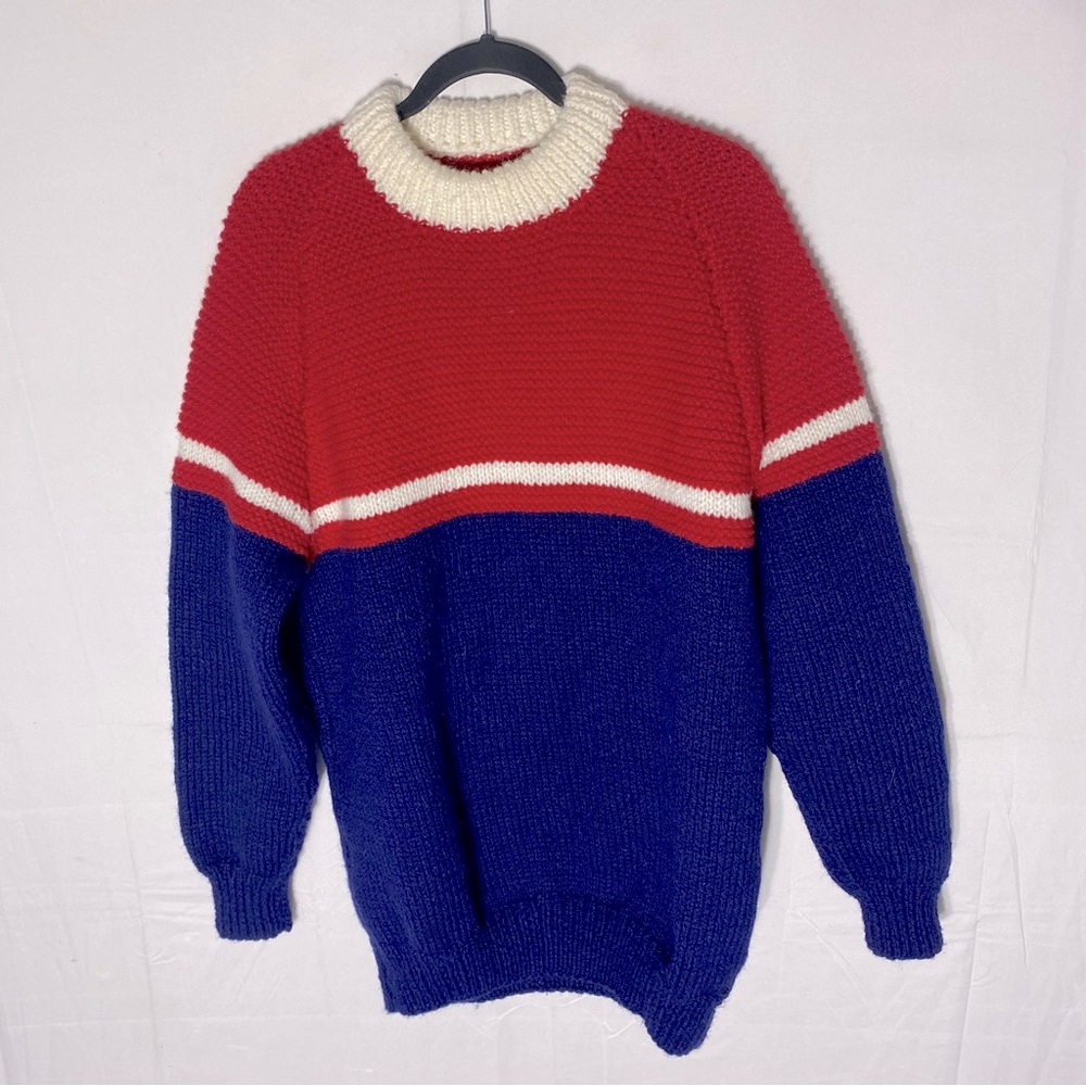 Vintage Handmade Hand Knit Blue Red Cream Crew Neck Sweater L Dadcore Retro